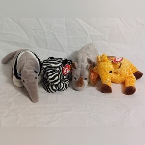 Lot of 4 Vintage TY Beanie Babies African Safari Animals Rhino Zebra Giraffe Ant